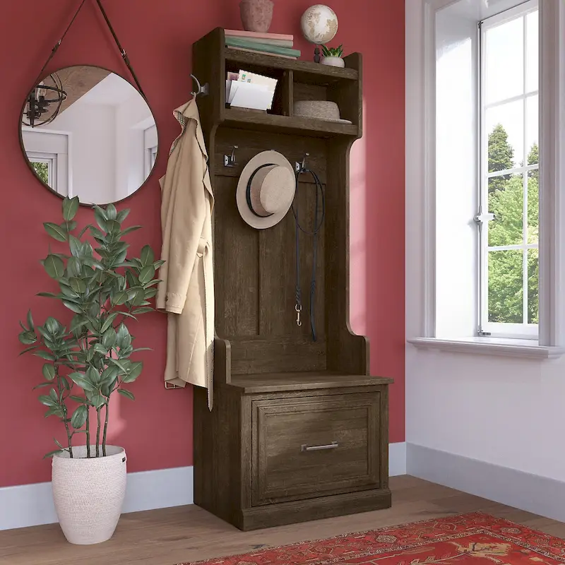 Hall Tree & Shoe Bench Set 24W - Coat Hooks, Storage Drawer, 250 lbs Capacity, Transitional Entryway