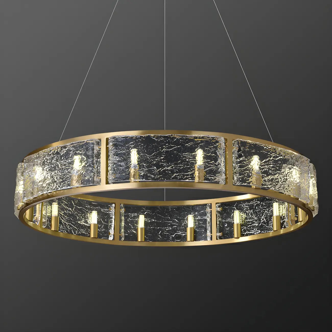 16-Light Modern Brass Glass Hoop Chandelier Height Adjustable