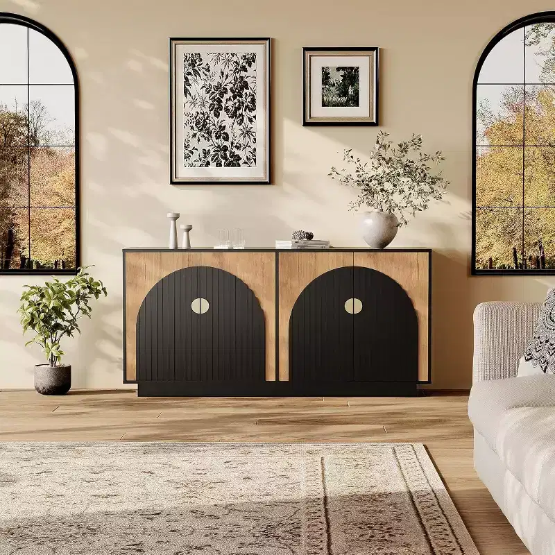 Coolmee Modern Sideboard Buffet Cabinet 63'' Large Storage Cabinet with Gold Handle Storage and Doors, Coffee Bar Buffet Table for Home Office