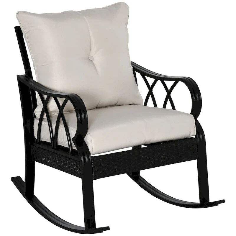 Outdoor Wicker Rocking Chair with Padded Cushions, Armrest