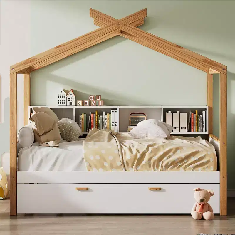 Twin/Full Size House Bed Platform Bed Kids Bed with Twin Size Trundle/2 Drawers, Bookshelf, Natural+White-ModernLuxe