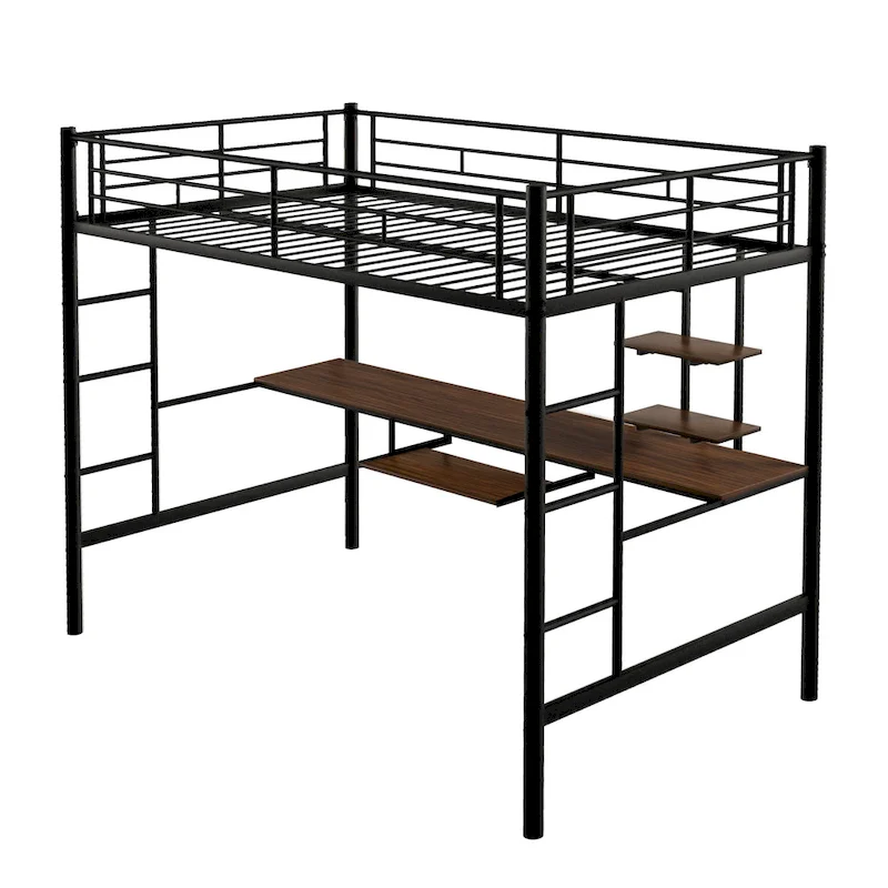 Black Full Size Metal Loft Bed with Desk and Shelf, Space-Saving Design