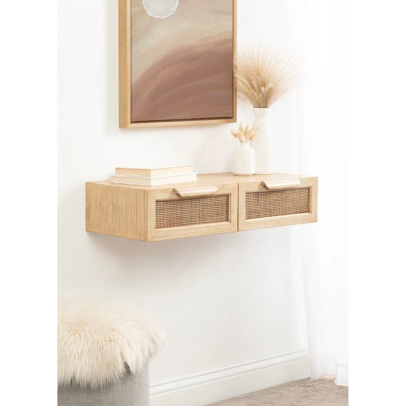 Natural Wood & Rattan Floating Wall Shelf with Drawers, Natural, 1-Person