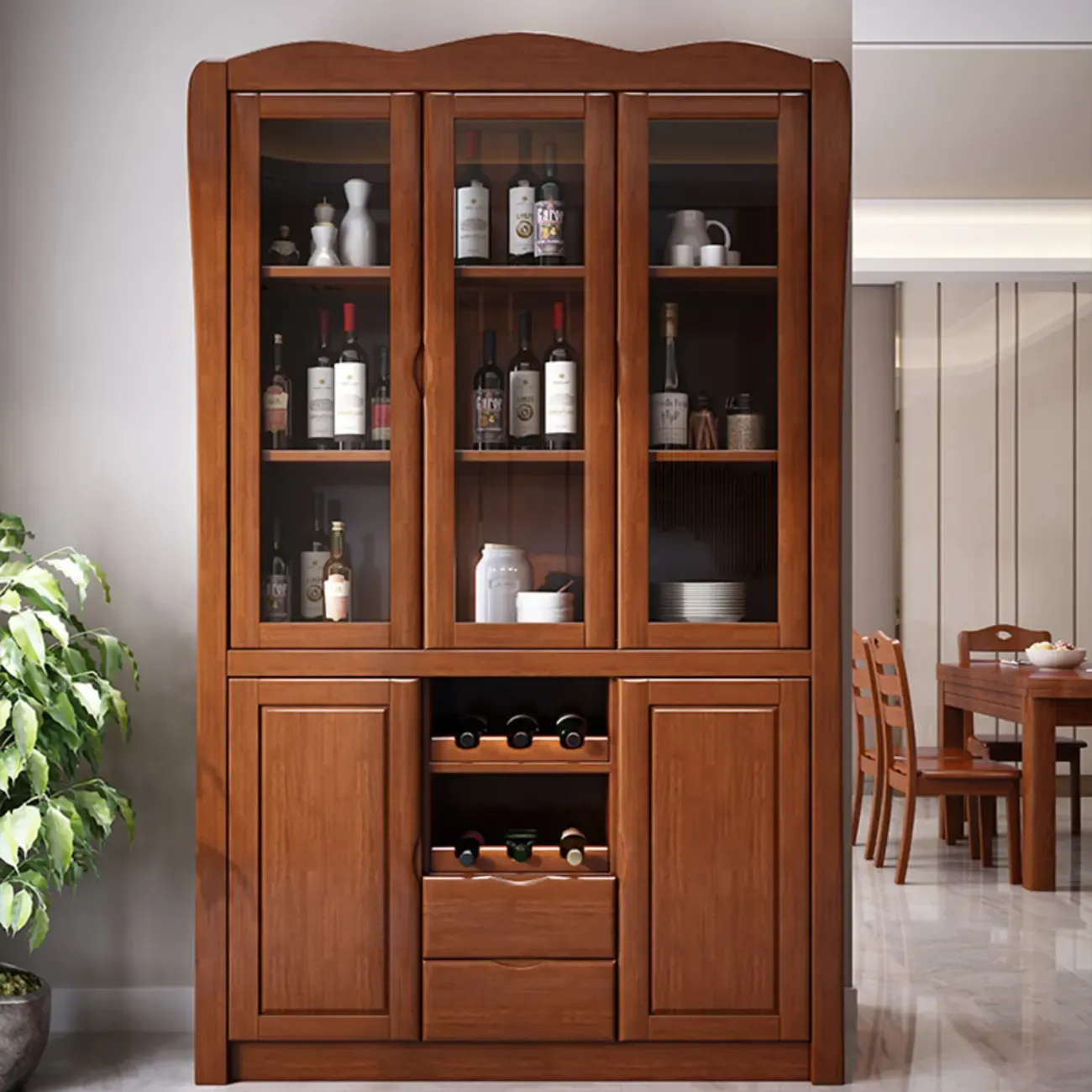 Classic Freestanding Natural Wooden Wine Cabinet for Living Room