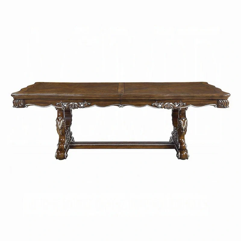 Dining Table, Carved Silver Trim 90-114 Inch Classic Antique Oak