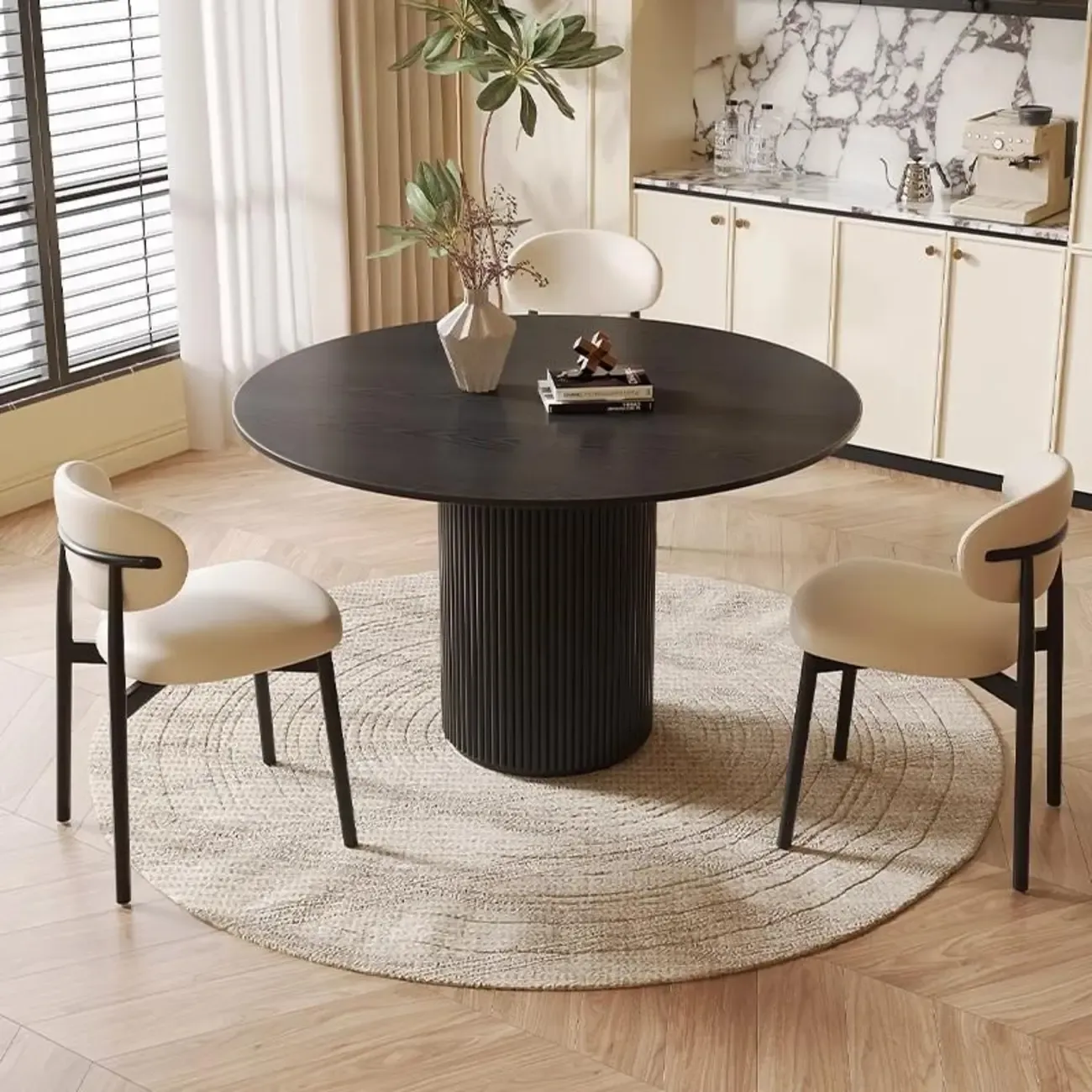 Modern Black Round Wood Cylindrical Base Dining Table