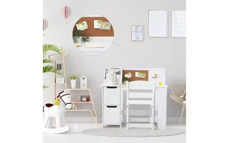 GustoWave White Office Chair Set with Bookshelf, Notice Board and Cabinets Ideal for Boys and Girls 3 to 8 Years
