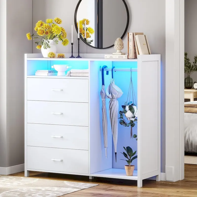 4-Drawer Dresser with Clothing Rack & RGB LED Lights, Anti-Tip, White/Black, Bedroom/Closet