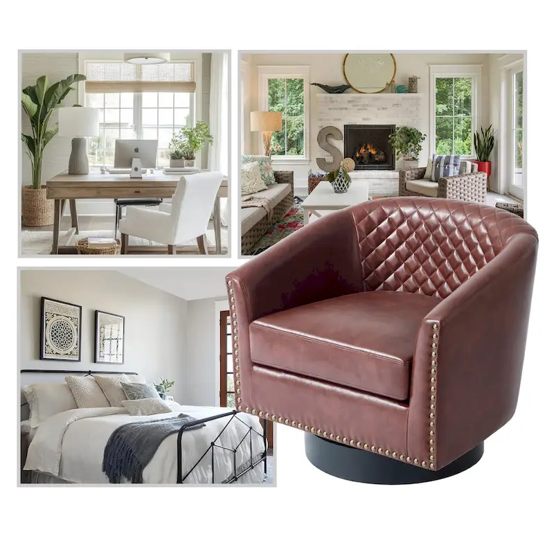 Faux Leather Nailheads Swivel Barrel Chair Set of 2