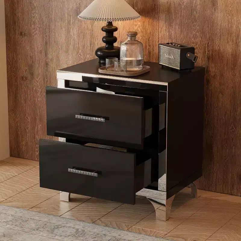 Elegant High Gloss Sleek Modern 2 Drawer with Mirrored Accent Nightstand for Bedroom Living Room