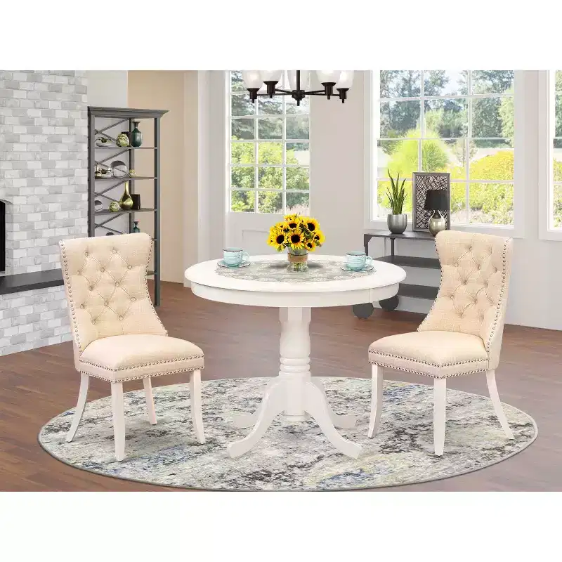 3-Piece Linen White Finish Solid Wood Top - Round Dining Room Set - (Seats-4)