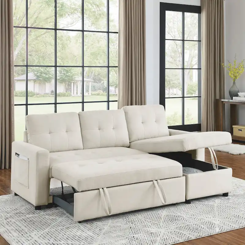MH 78.5 Sleeper Sofa Bed Reversible Sectional Couch with Storage Chaise and Side storage bag for Small Space Living Room Furnit