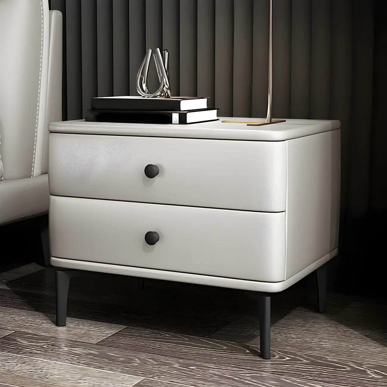 Modern Black Leather Bedside Table with Drawers