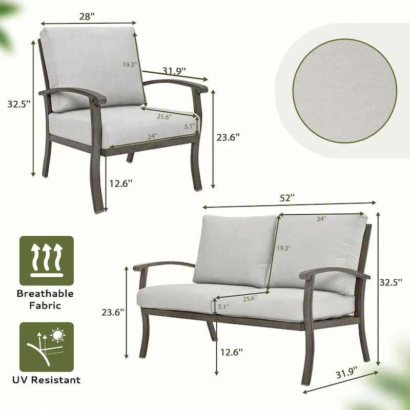 6-Piece Aluminum Patio Conversation Set with Coffee Table, Loveseat, Ottoman and Light Gray Cushions