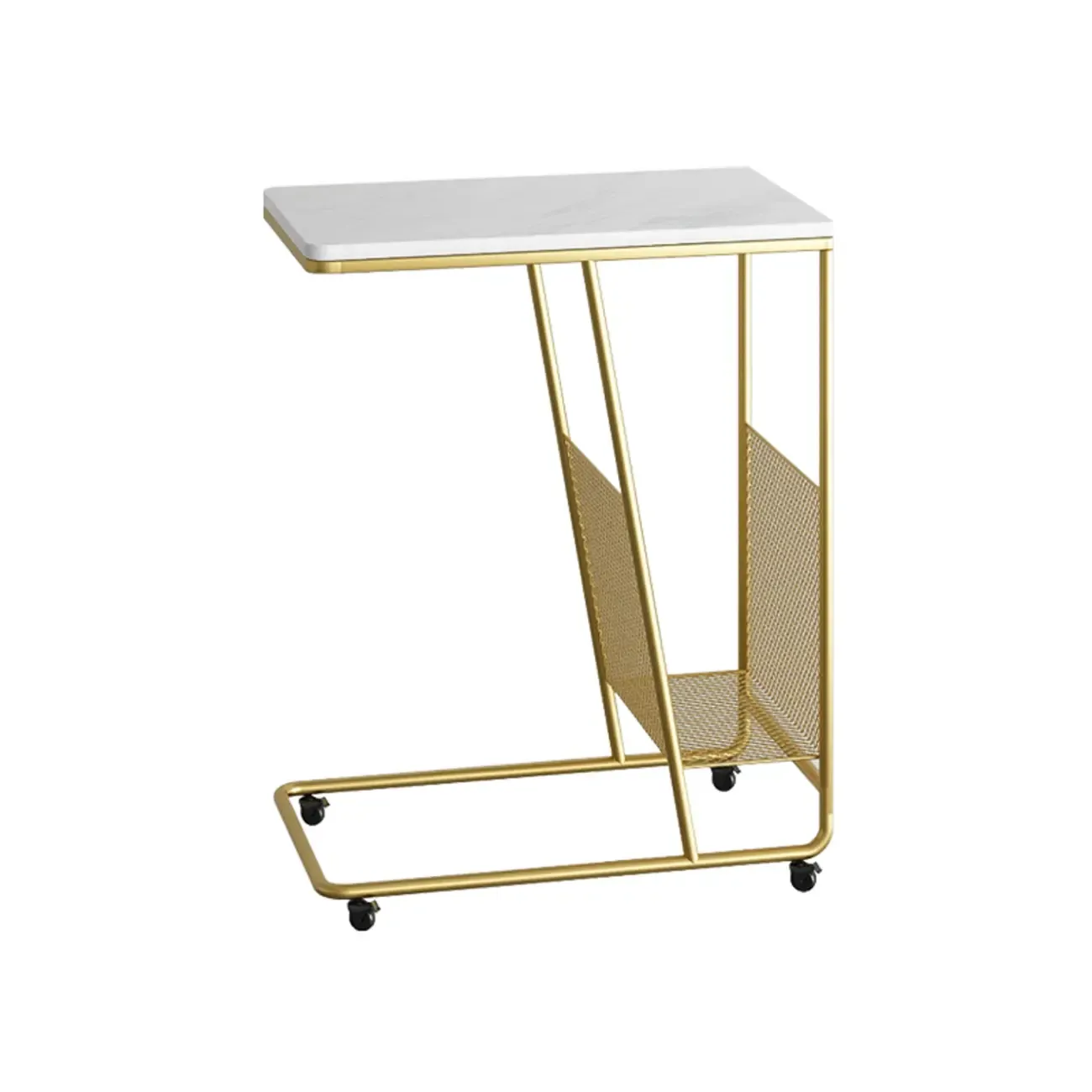 Metal C-Shaped Marble Top End Table with Magazine Rack
