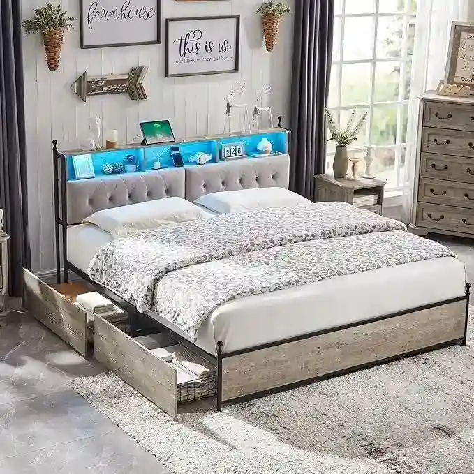 King Size Bed Frame with Storage Drawers, LED Lighting, and Charging Station
