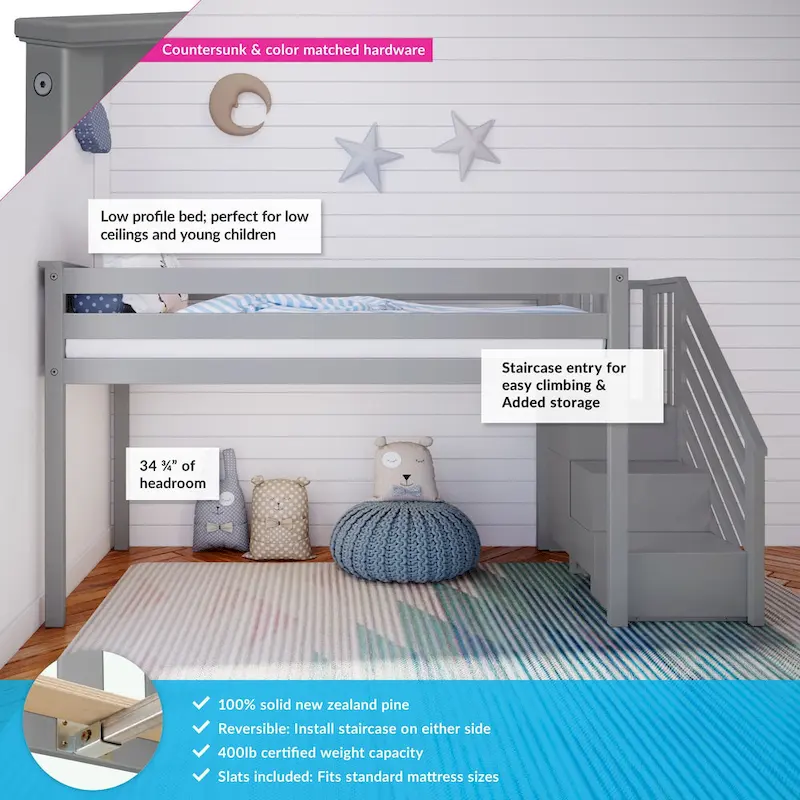 Max and Lily Twin Size Low Loft with Stairs