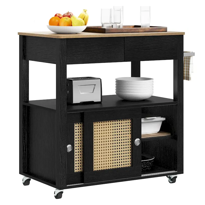 Rattan Rolling Kitchen Island with Storage Cabinet - 32.2L x 19.5W x 35H