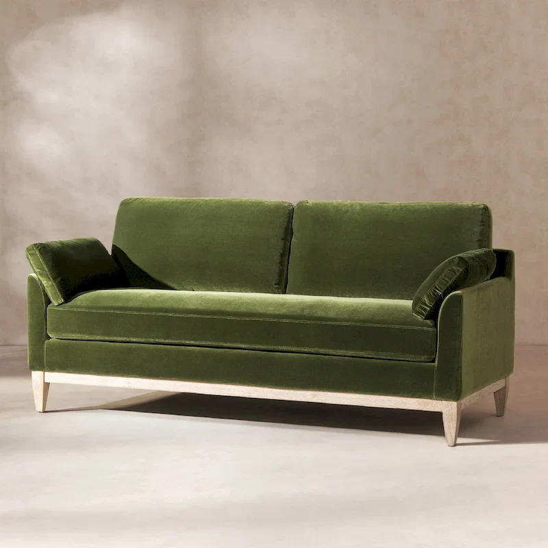 Velvet Sofa with Loose Pillow-Back and Wood Base - 75.5 Inch