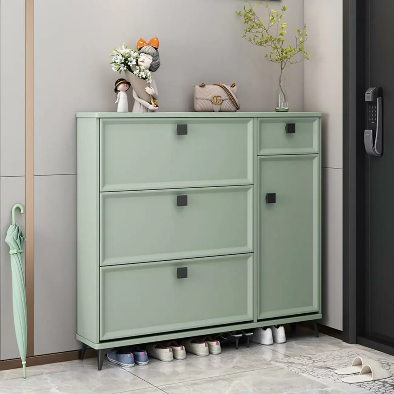 Contemporary Green Wood Shoe Cabinet for Entryway