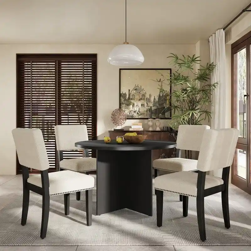 5-Piece Round Dining Table Set Pedestal Kitchen Table Set with 4 Upholstered Dining Chairs for Studio, Apartment, Small Places