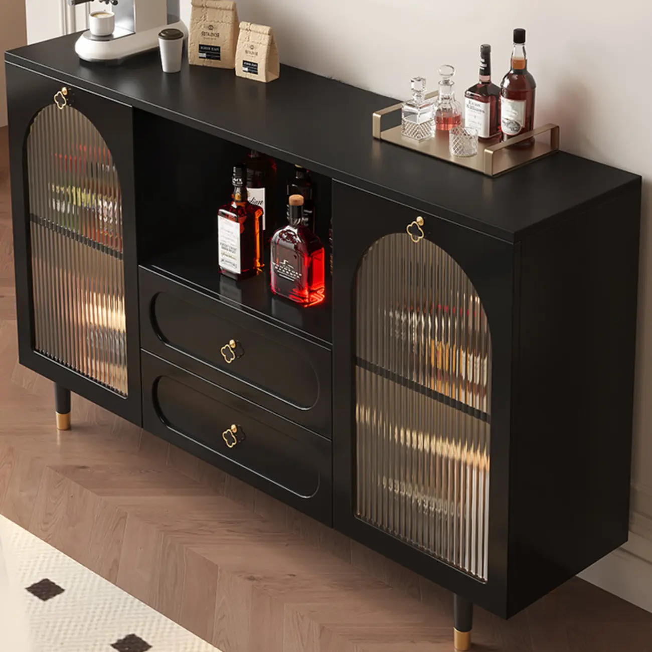 Glam Black Engineered Wood Sideboard with Drawers