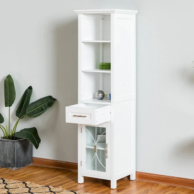 Freestanding Linen Tower with Open Shelves, Drawer & Glass-Door Cabinet — 17