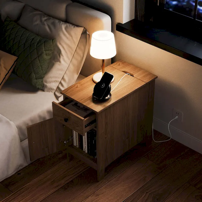 1/2 PCS End Table with Charging Station Flip Top Bedside Table