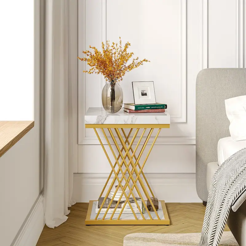 19.75 Inch Faux Marble Square End Table, Modern Bedside Tables, Gold Accent Table Living Room