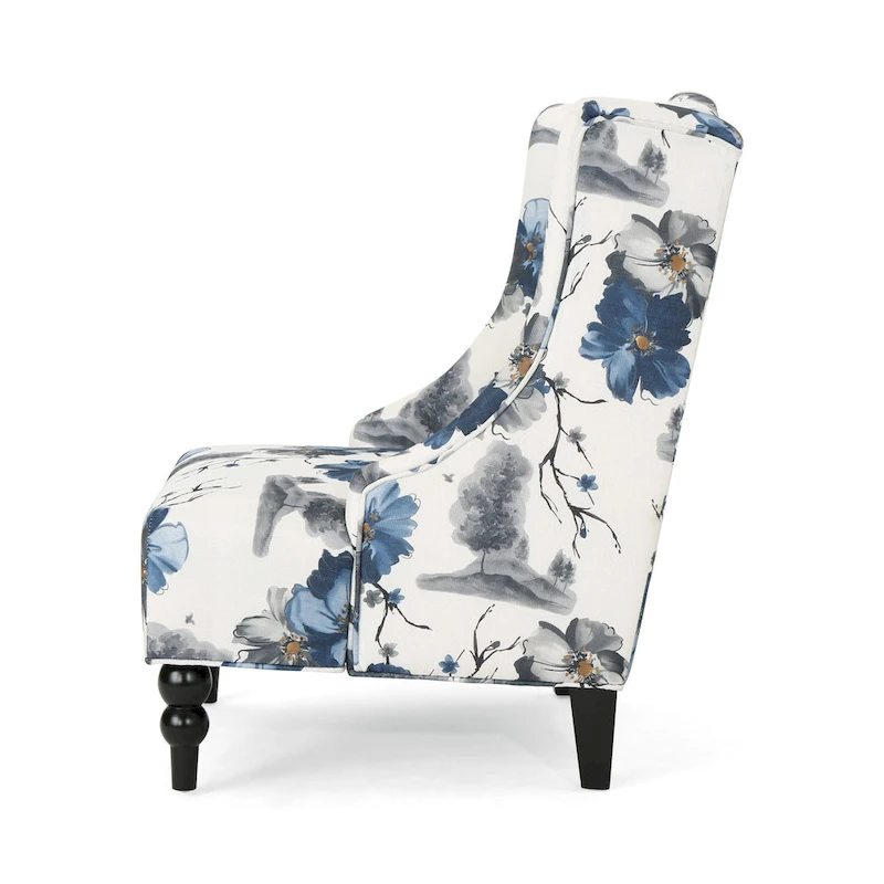 Beige +Blue Flower 28 High-Back Club Chair with Birch Legs