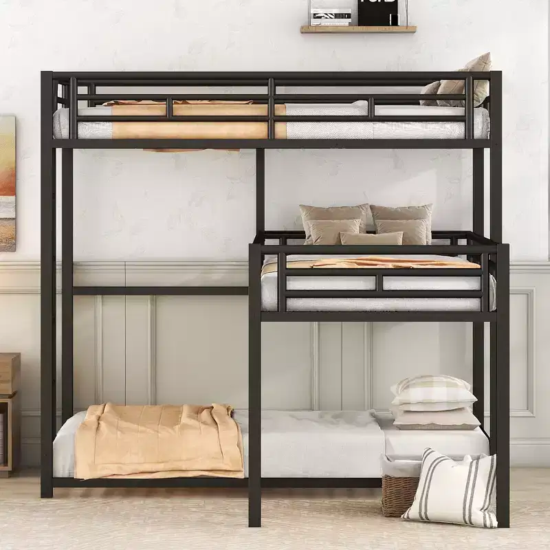 ModernLuxe L-Shaped Triple Twin Metal Bunk Bed, Space-Saving Industrial Triple Decker with Ladders & Full Guardrails, Black