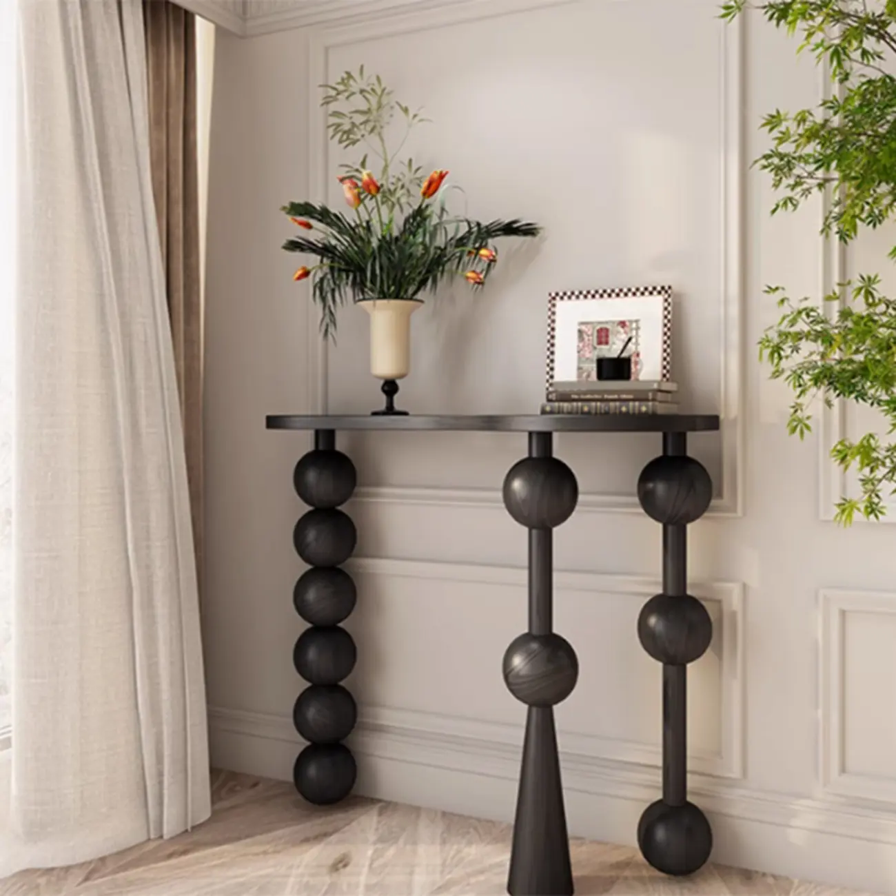 Artistic Walnut Wood Turned Leg Entry Console Table