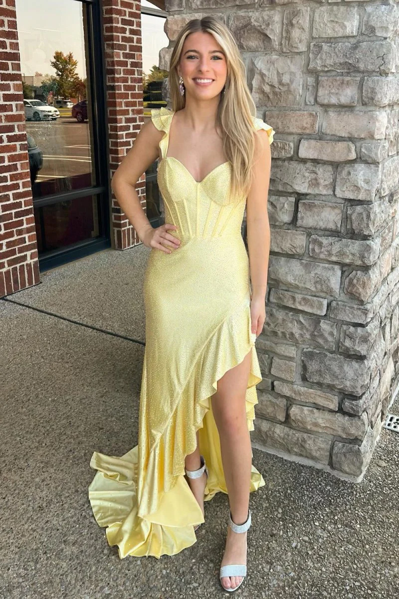 Mermaid Yellow Spaghetti Straps Satin Beaded Long Prom Dress