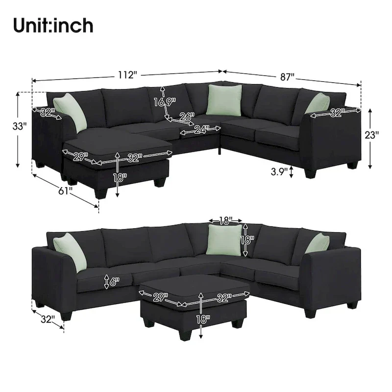 112-inch L-shaped 7-seat Modular Sectional Sofa with Ottoman and Three Pillows - 112W x 87D x 33H