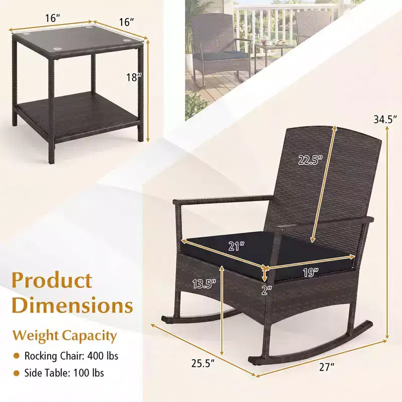 Costway 3 Piece Patio Rocking Set Wicker Rocking Chairs with 2-Tier Coffee Table Turquoise/Off White/Black