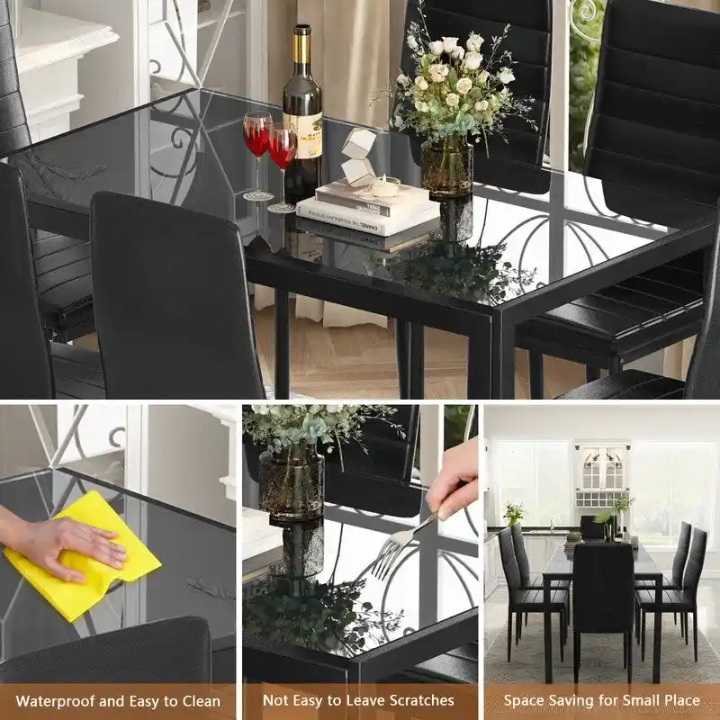 Grondin Modern Style 7-Piece Dining Room Table Set with Tempered Glass Tabletop and 6 PU Leather Upholstered Chairs