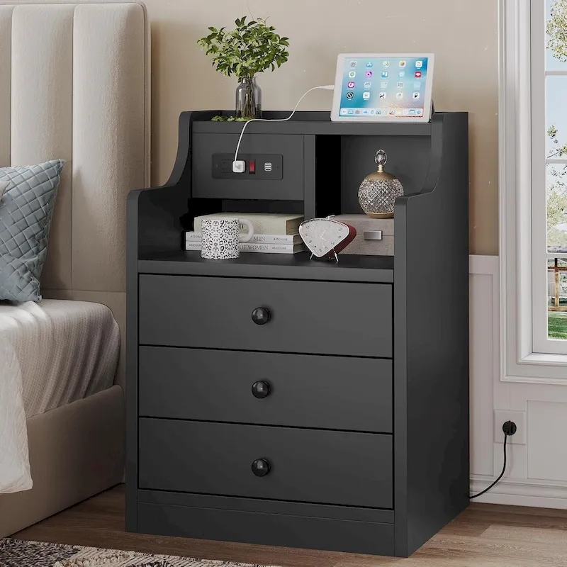 Nightstand 3 Drawers Charging Station End Side Table Bedroom