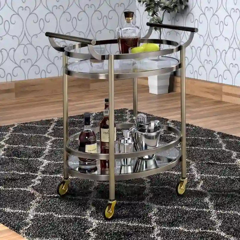Oval Shaped Metal Serving Cart with 2 Shelves, Silver - 34 H x 19 W x 27 L Inches