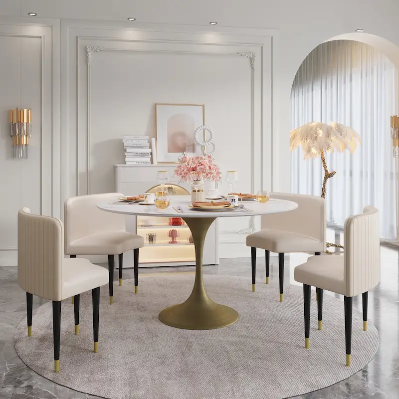 JASIWAY Modern Faux Marble Top Iron Pedestal Dining Table