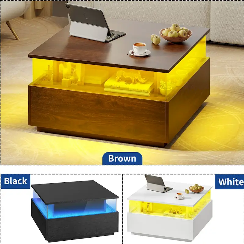 Moasis Modern Square Coffee Table with Drawers & LED Light, Acrylic and Wood Center Table