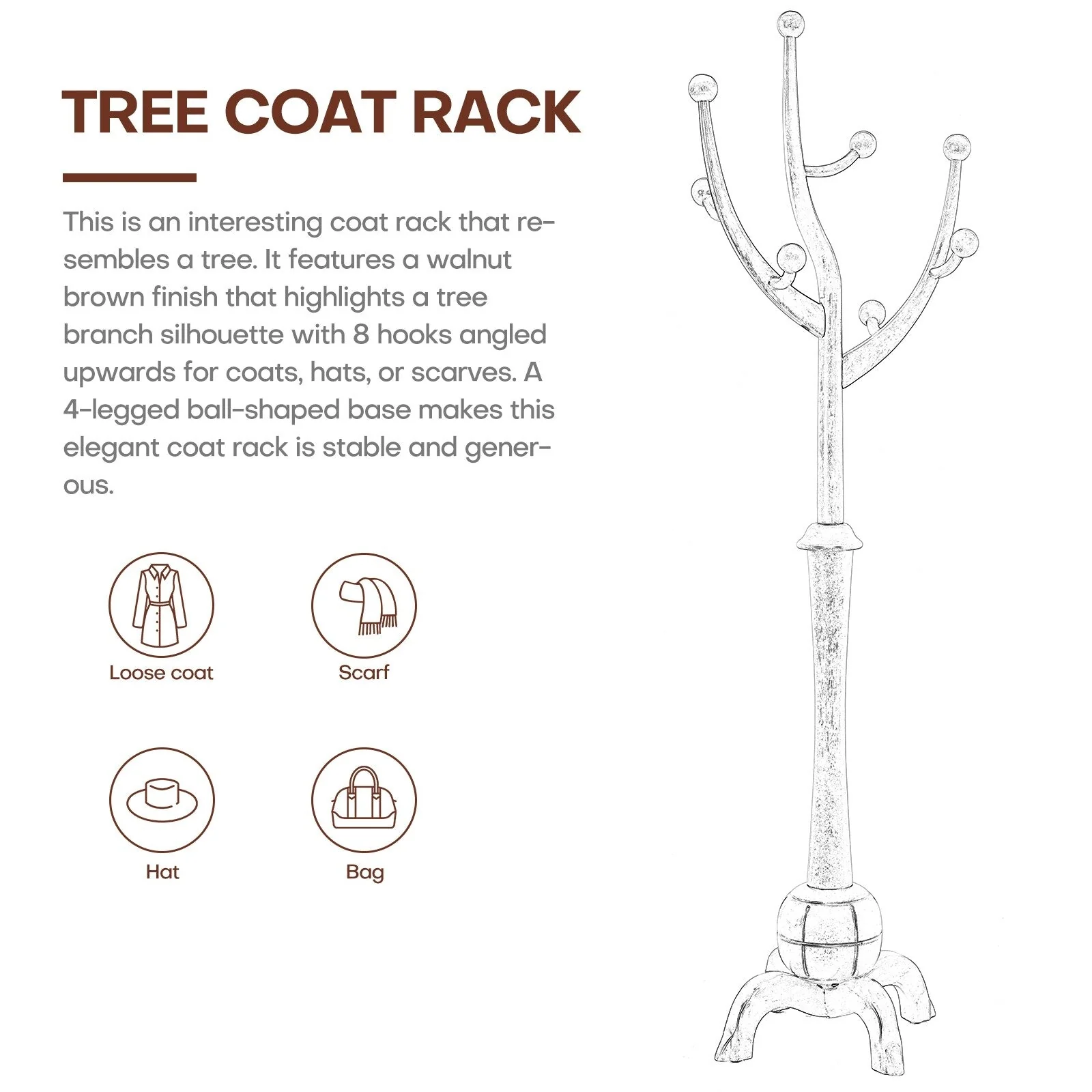 Tree-branch Rubberwood Freestanding Coat Rack with 8 Hooks - 24.5W x 70.87H