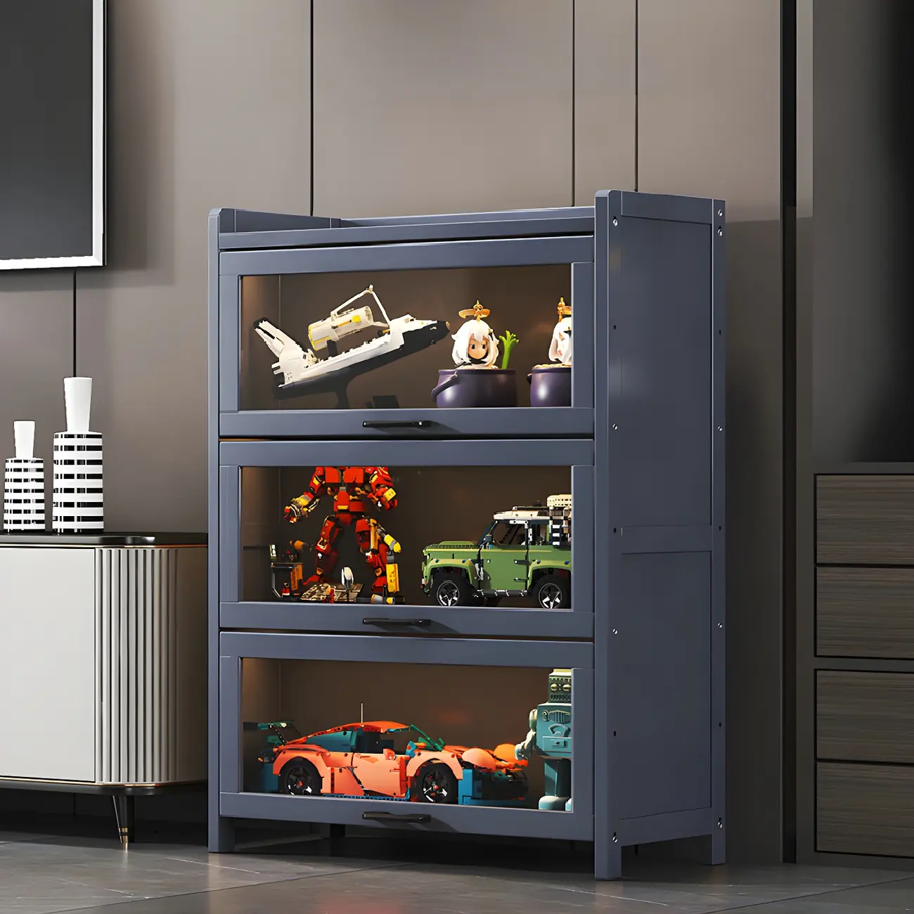 Living Room Modern Gray Bamboo Display Cabinet