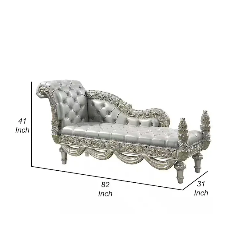 Dove Chaise Bench, Beige Faux Leather, Champagne Finished Wood 82 Inch