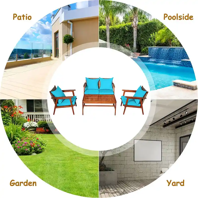 Costway 8PCS Patio Rattan Furniture Set Acacia Wood Frame Cushioned