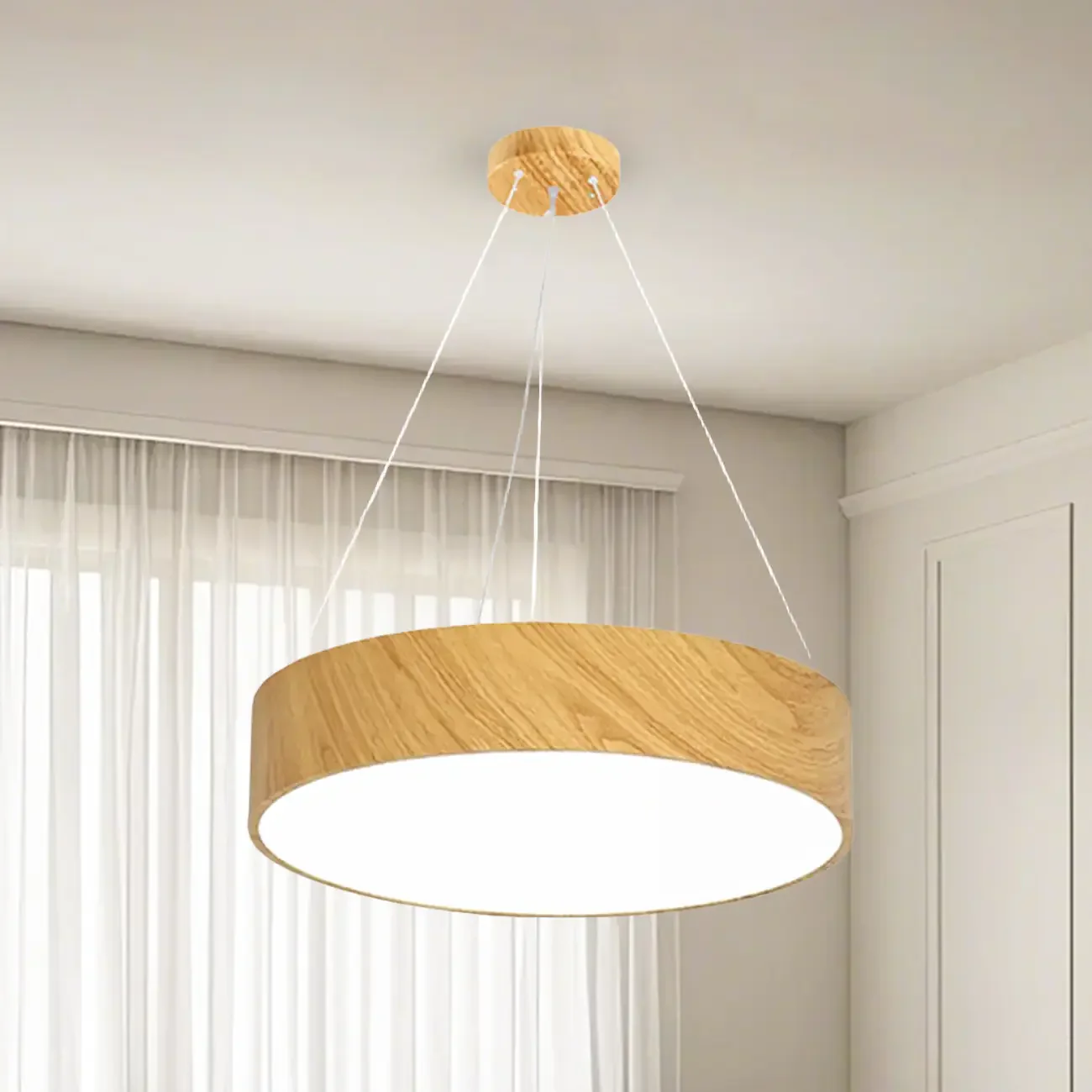 Modern Circular Wood LED Chandelier with Adjustable Height