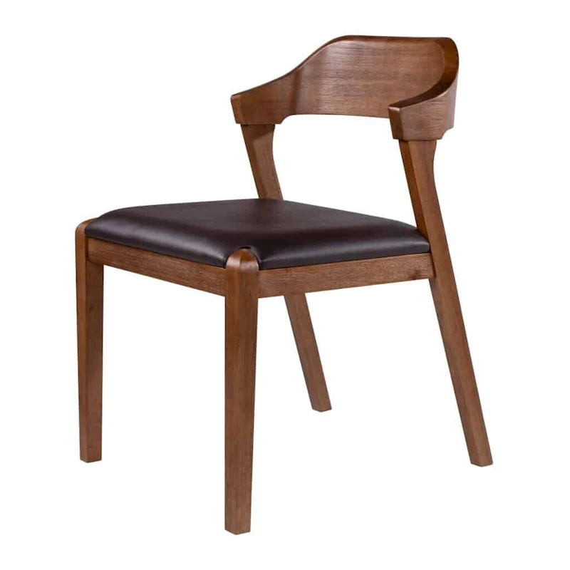 Mid-Century Rubberwood Dining Chair with Faux Leather Seat – Chestnut Wire-Brush