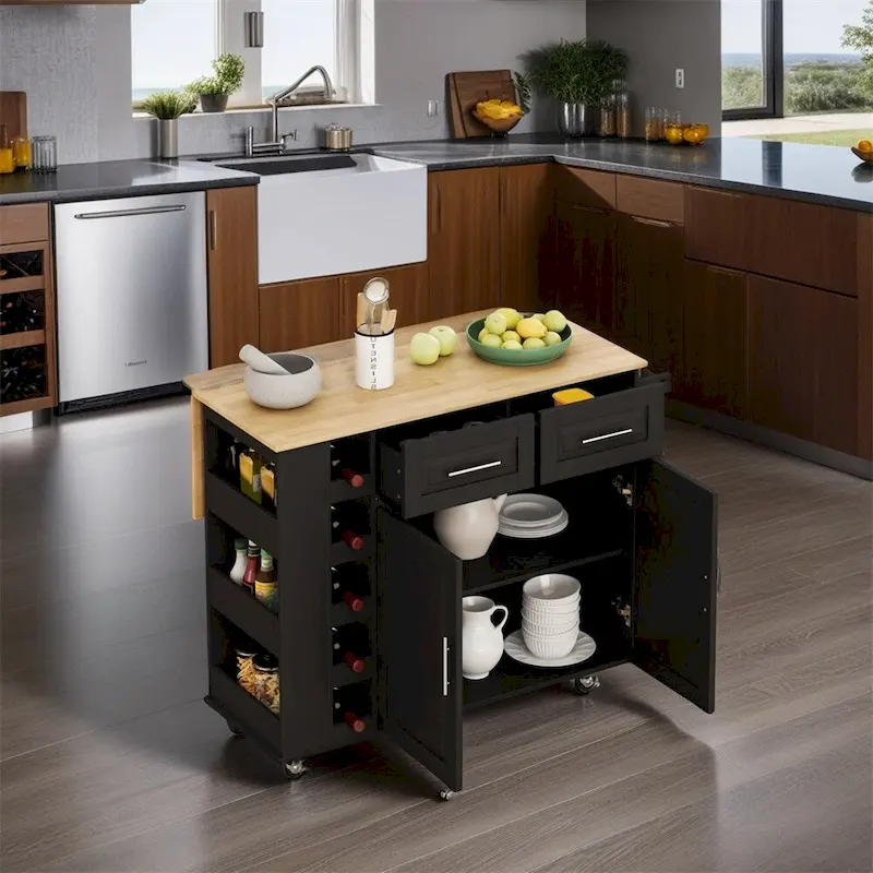 Multi-Functional Kitchen Island Cart with 2 Door Cabinet and Wine Rack - N/A