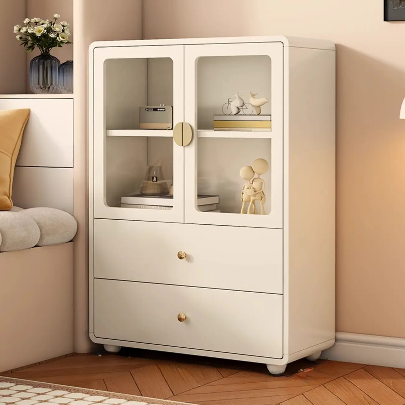 Spacious 2 Drawers White Glass Door Wood Bookshelves