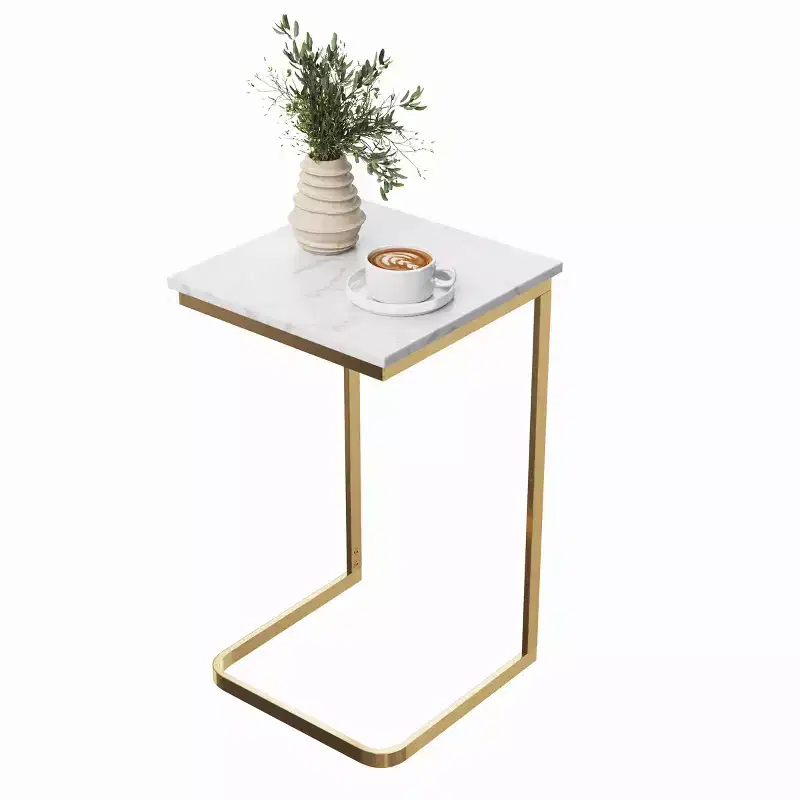 Lavish Home C-Shaped End Table - Real Marble Side Table with Gold Iron Frame for Couch, Loveseat or Bed - Modern Living Room Furniture, White