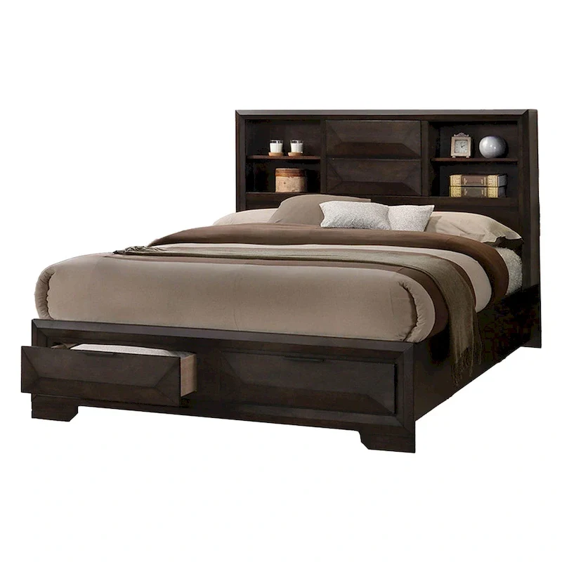 Costa King Size Bed, Bookcase Headboard, 2 Drawers, Dark Brown Solid Wood